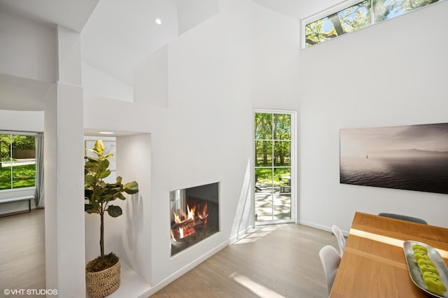 938 Old Green Bay Rd, Winnetka, IL 60093 - living area with a towering ceiling, wood finished floors, baseboards, and a warm lit fireplace