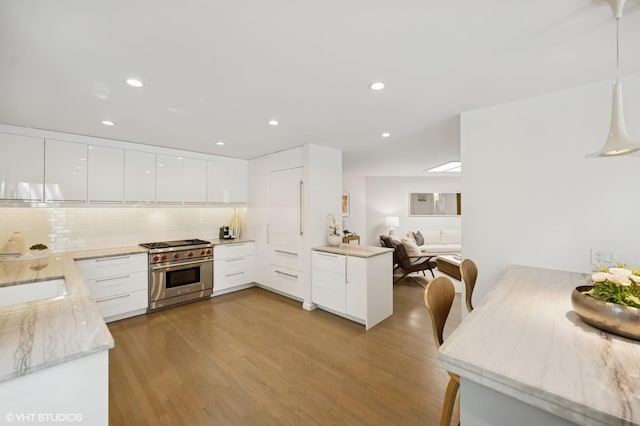 938 Old Green Bay Rd, Winnetka, IL 60093 - kitchen featuring luxury range, modern cabinets, a peninsula, light wood-style flooring, and recessed lighting