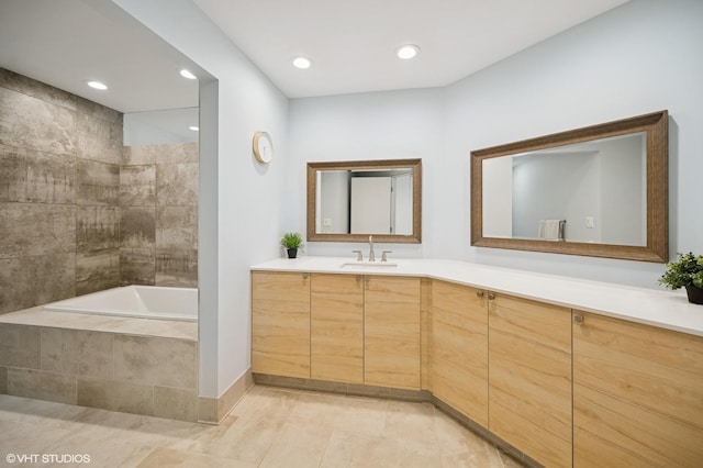 938 Old Green Bay Rd, Winnetka, IL 60093 - bathroom featuring double vanity, tiled tub, recessed lighting, tile patterned floors, and tiled shower