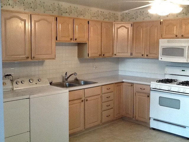 2307 Jay Ln, Rolling Meadows, IL 60008 - kitchen featuring white appliances, a sink, washing machine and dryer, and light brown cabinetry