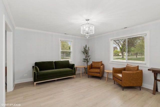 1220 E Rockwell St, Arlington Heights, IL 60005 - sitting room featuring a chandelier, ornamental molding, light wood finished floors, and baseboards