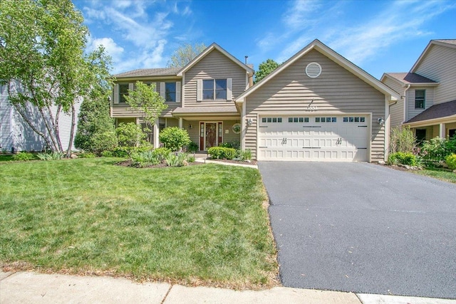 2551 Doncaster Dr, Aurora, IL 60504 - view of front of house with an attached garage, asphalt driveway, and a front yard