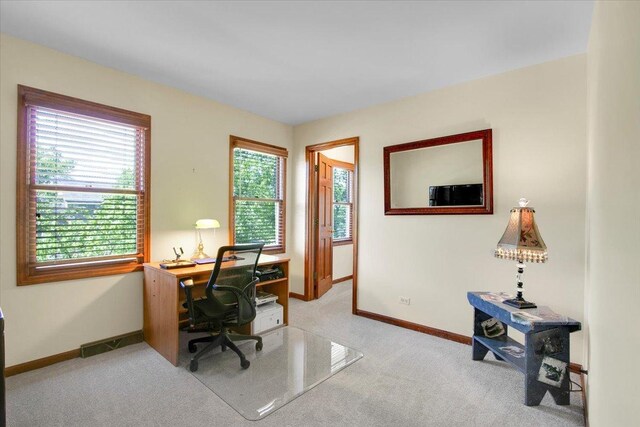 2551 Doncaster Dr, Aurora, IL 60504 - home office featuring baseboards and light colored carpet