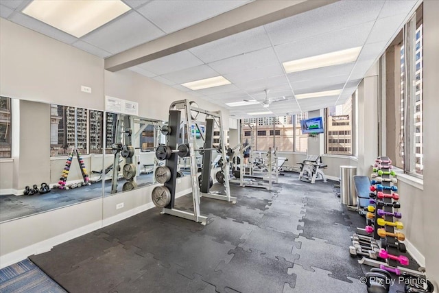 405 N Wabash Ave Unit 2314, Chicago, IL 60611 - workout area featuring a drop ceiling, baseboards, and ceiling fan