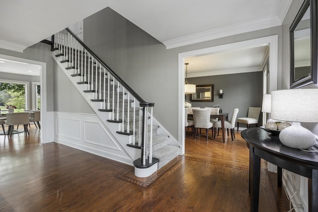 20707 N Swansway, Deer Park, IL 60010 - stairs with wood finished floors, crown molding, and a wainscoted wall