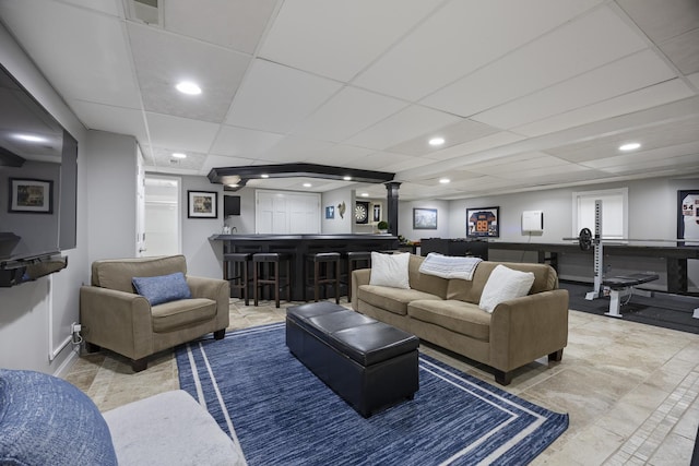 20707 N Swansway, Deer Park, IL 60010 - living area with a dry bar, ornate columns, a paneled ceiling, and recessed lighting