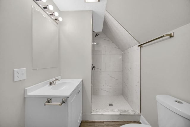 402 Miami St, Joliet, IL 60432 - bathroom with toilet, vanity, a stall shower, wood finished floors, and baseboards