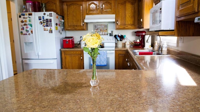 29 N Deer Lk N, Villa Grove, IL 61956 - kitchen with white appliances, under cabinet range hood, brown cabinetry, and a sink