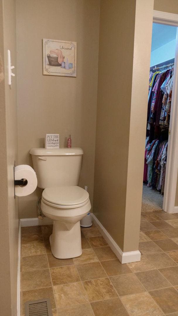 29 N Deer Lk N, Villa Grove, IL 61956 - bathroom featuring baseboards, toilet, a walk in closet, and stone finish floors