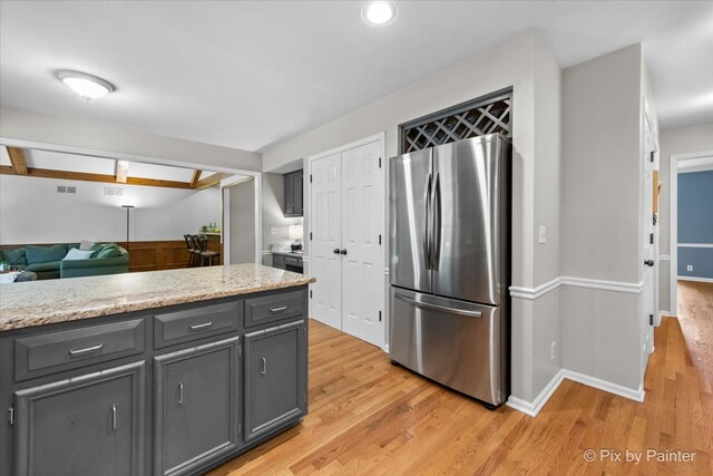 39W889 Deer Run Dr, Saint Charles, IL 60175 - kitchen featuring freestanding refrigerator, gray cabinets, light wood-style floors, light stone counters, and recessed lighting