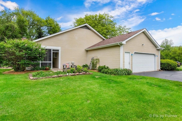 39W889 Deer Run Dr, Saint Charles, IL 60175 - view of side of property with a garage, asphalt driveway, a lawn, and a shingled roof