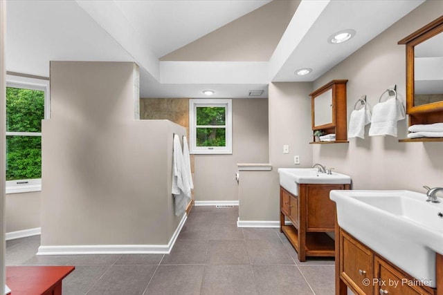 39W889 Deer Run Dr, Saint Charles, IL 60175 - full bathroom with two vanities, healthy amount of natural light, baseboards, vaulted ceiling, and recessed lighting