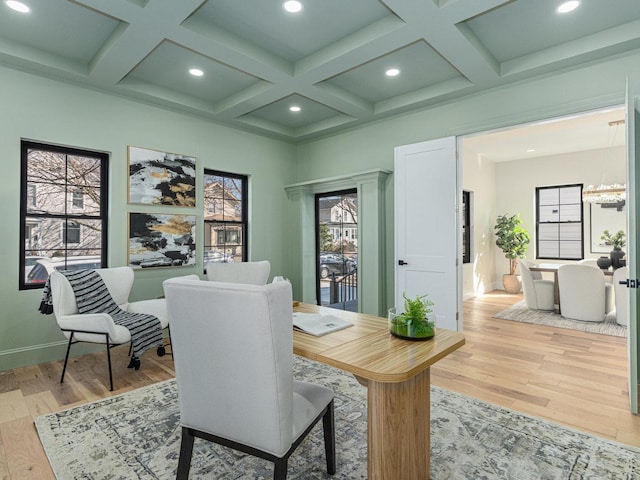 223 Center St, Naperville, IL 60540 - home office featuring light wood-style floors, coffered ceiling, recessed lighting, beamed ceiling, and baseboards