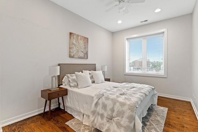 2431 W Belmont Ave Unit 3E, Chicago, IL 60618 - bedroom with baseboards, recessed lighting, dark wood-type flooring, and a ceiling fan