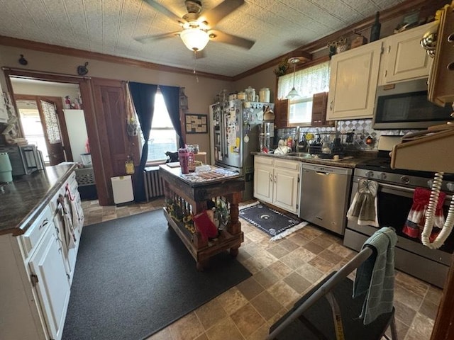 309 11th Ave, Sterling, IL 61081 - kitchen featuring stainless steel appliances, dark countertops, ceiling fan, ornamental molding, and radiator