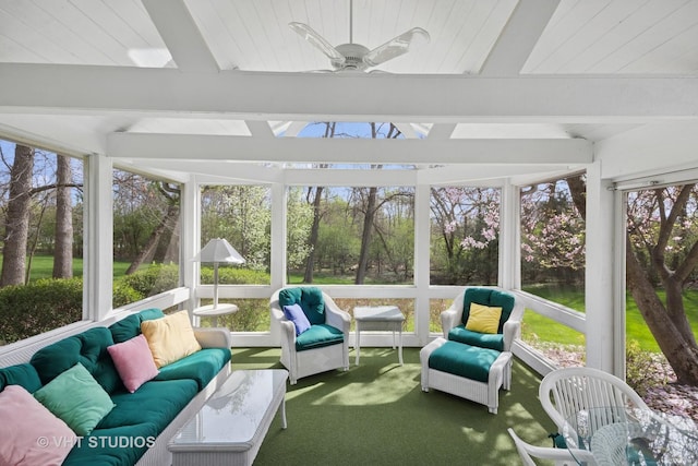 22585 N Ruth Ct, Kildeer, IL 60047 - sunroom featuring an outdoor living space, beamed ceiling, and a ceiling fan