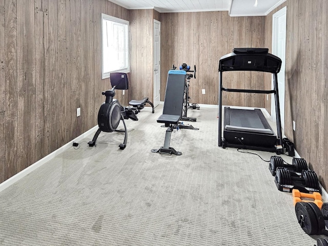 1409 Hull St, Normal, IL 61761 - workout area featuring wood walls, carpet flooring, baseboards, and crown molding