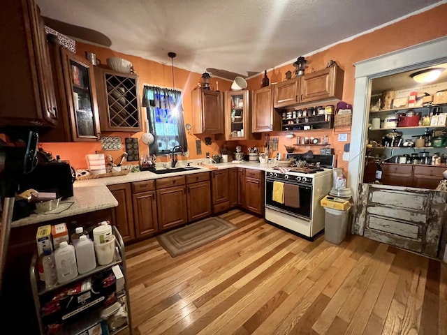 207 W 2nd St, Broadlands, IL 61816 - kitchen with white gas stove, light wood-style flooring, light countertops, brown cabinetry, and pendant lighting