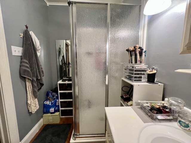 207 W 2nd St, Broadlands, IL 61816 - bathroom featuring a shower stall and wood finished floors