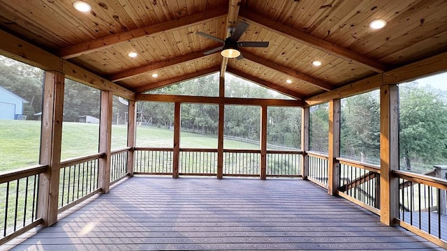 15501 Bishop Rd, Morrison, IL 61270 - unfurnished sunroom with a ceiling fan, wooden ceiling, and recessed lighting