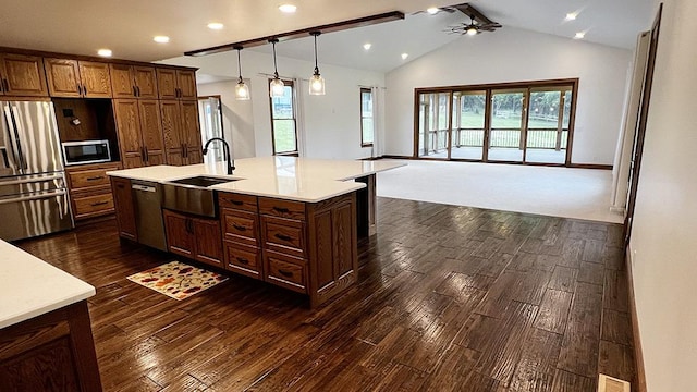 15501 Bishop Rd, Morrison, IL 61270 - kitchen featuring appliances with stainless steel finishes, a sink, a ceiling fan, dark wood finished floors, and recessed lighting