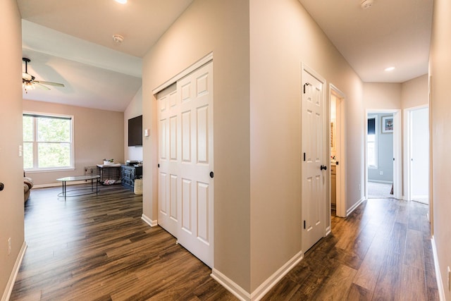 492 S Hampstead St, Cortland, IL 60112 - hallway with dark wood-style floors, baseboards, recessed lighting, and lofted ceiling