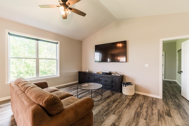 492 S Hampstead St, Cortland, IL 60112 - living room with lofted ceiling, ceiling fan, baseboards, and wood finished floors
