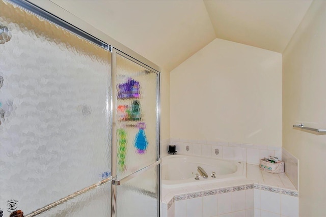 8702 Bally Castle Ln, Tinley Park, IL 60487 - bathroom featuring a whirlpool tub, a stall shower, and lofted ceiling