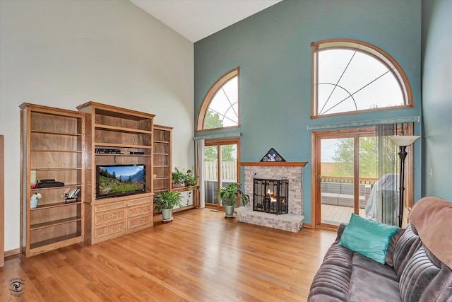 8702 Bally Castle Ln, Tinley Park, IL 60487 - living area with a high ceiling, light wood finished floors, and a fireplace