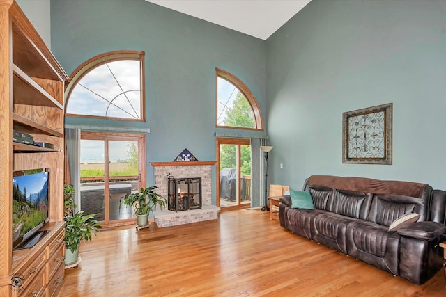 8702 Bally Castle Ln, Tinley Park, IL 60487 - living room with high vaulted ceiling, a fireplace, and light wood finished floors