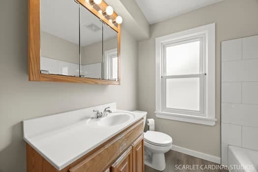 275 E Division St, Villa Park, IL 60181 - bathroom with toilet, baseboards, vanity, wood finished floors, and plenty of natural light