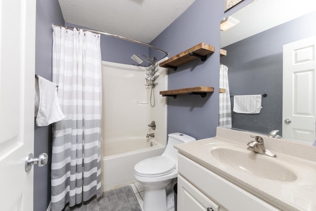 1710 Fraser Dr, Normal, IL 61761 - full bath featuring vanity, toilet, shower / bath combo with shower curtain, tile patterned floors, and a textured ceiling