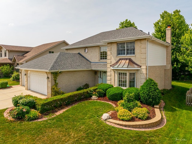 2048 Westbury Dr, Woodridge, IL 60517 - traditional-style house featuring brick siding, a chimney, concrete driveway, and a garage