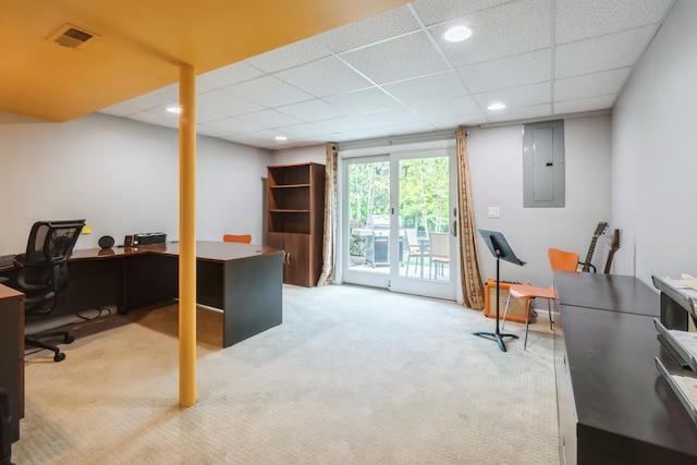 14613 Morningside Rd, Orland Park, IL 60462 - carpeted home office featuring electric panel, a drop ceiling, and recessed lighting
