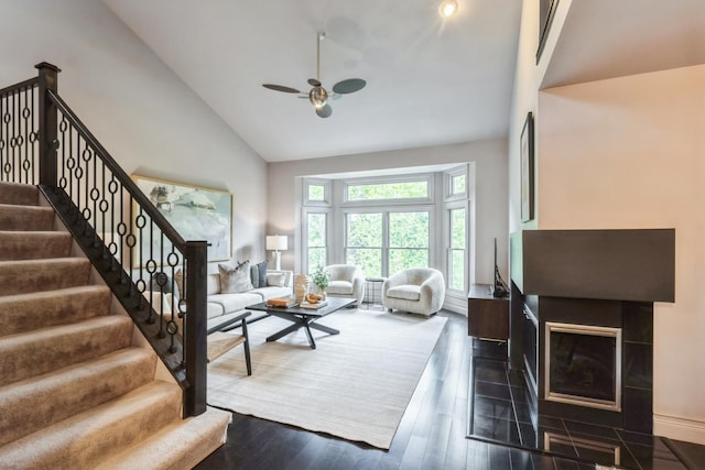 14613 Morningside Rd, Orland Park, IL 60462 - living room with high vaulted ceiling, a ceiling fan, stairs, and wood finished floors