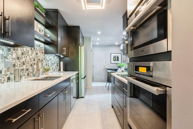 14613 Morningside Rd, Orland Park, IL 60462 - kitchen featuring stainless steel appliances, tasteful backsplash, light countertops, open shelves, and light tile patterned flooring