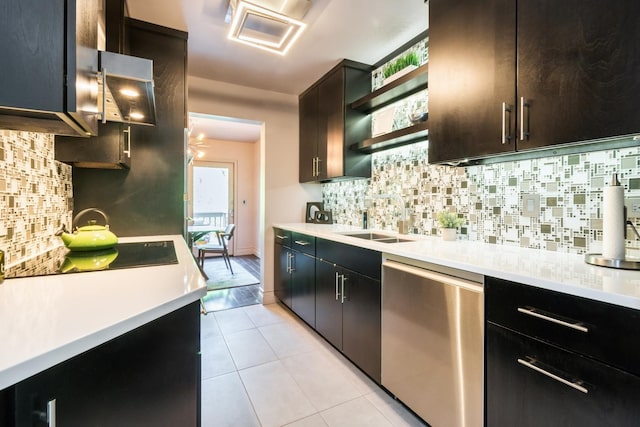 14613 Morningside Rd, Orland Park, IL 60462 - kitchen with stainless steel dishwasher, open shelves, backsplash, light countertops, and light tile patterned flooring