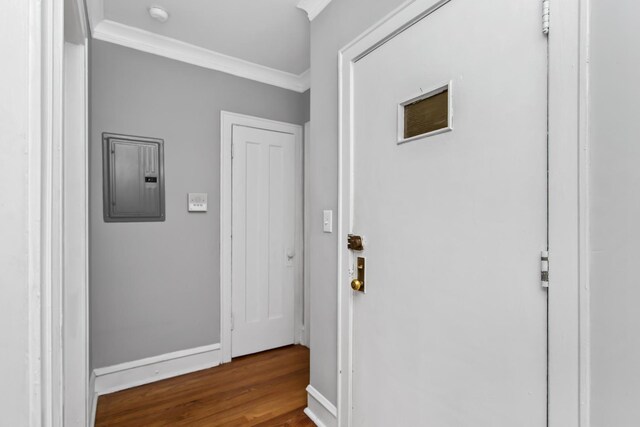 7444 Adams St Unit 3E, Forest Park, IL 60130 - hall featuring crown molding, wood finished floors, and electric panel