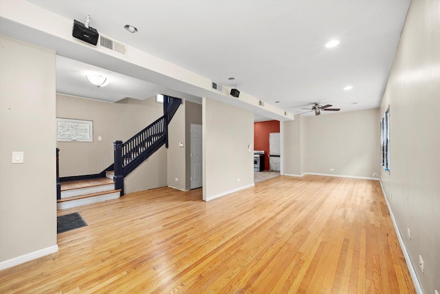7809 S Peoria, Chicago, IL 60620 - unfurnished living room featuring hardwood / wood-style flooring, a ceiling fan, stairway, baseboards, and recessed lighting