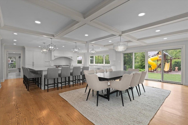 1410 Wincanton Dr, Deerfield, IL 60015 - dining area featuring coffered ceiling, healthy amount of natural light, light wood-type flooring, recessed lighting, and a chandelier