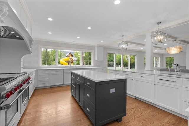 1410 Wincanton Dr, Deerfield, IL 60015 - kitchen with a sink, range with two ovens, wall chimney exhaust hood, white cabinets, and recessed lighting
