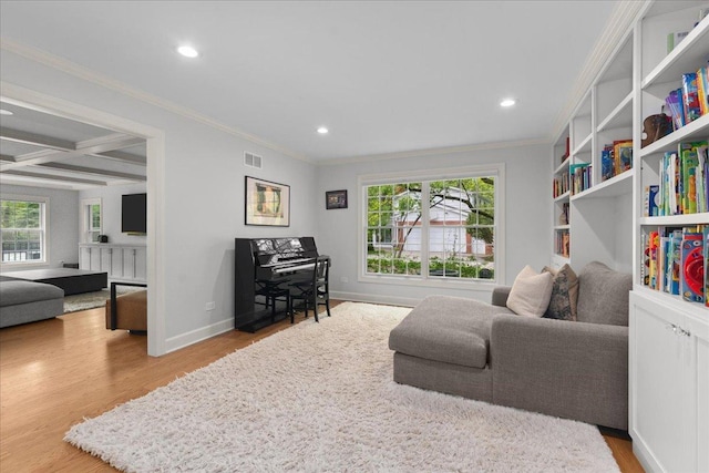 1410 Wincanton Dr, Deerfield, IL 60015 - living room with recessed lighting, crown molding, wood finished floors, coffered ceiling, and baseboards
