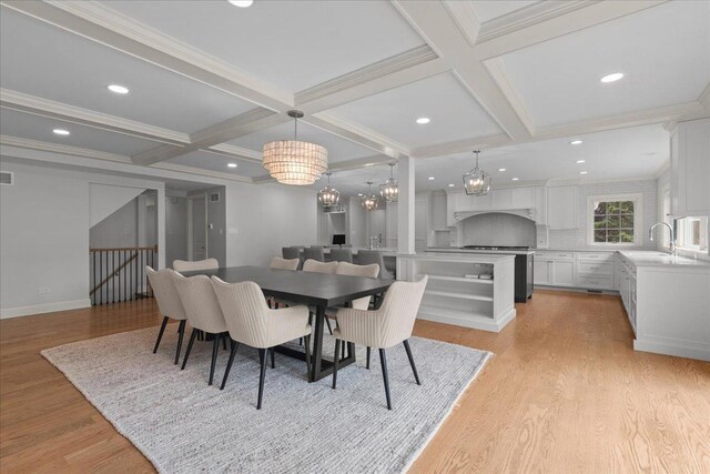 1410 Wincanton Dr, Deerfield, IL 60015 - dining space featuring coffered ceiling, a chandelier, light wood finished floors, beam ceiling, and recessed lighting