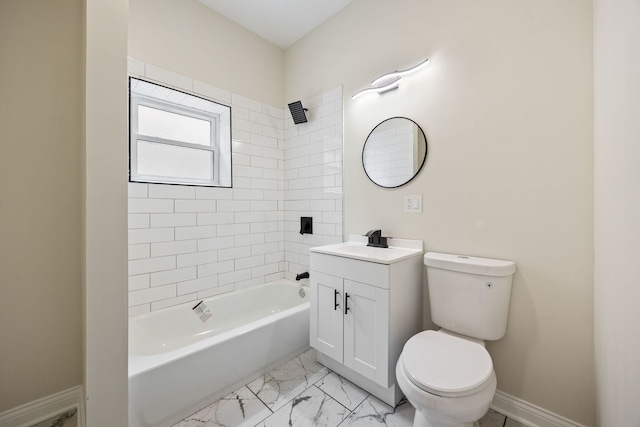 5622 S Laflin St, Chicago, IL 60636 - bathroom featuring toilet, marble look tile flooring, vanity, baseboards, and shower / tub combination