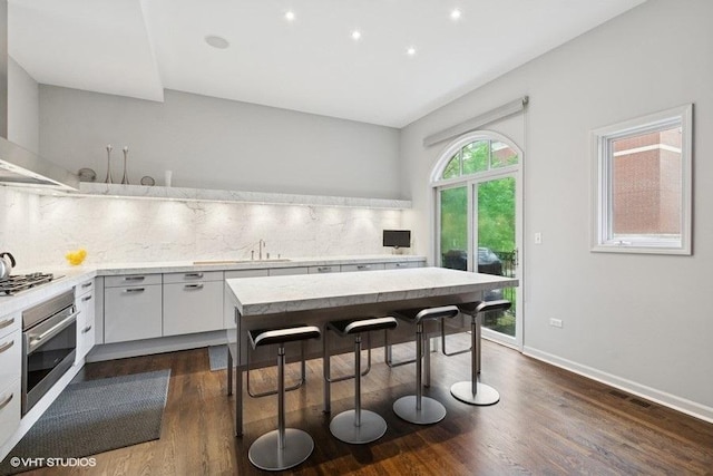 1733 S Prairie Ave, Chicago, IL 60616 - kitchen with stainless steel appliances, wall chimney exhaust hood, backsplash, light countertops, and dark wood-type flooring
