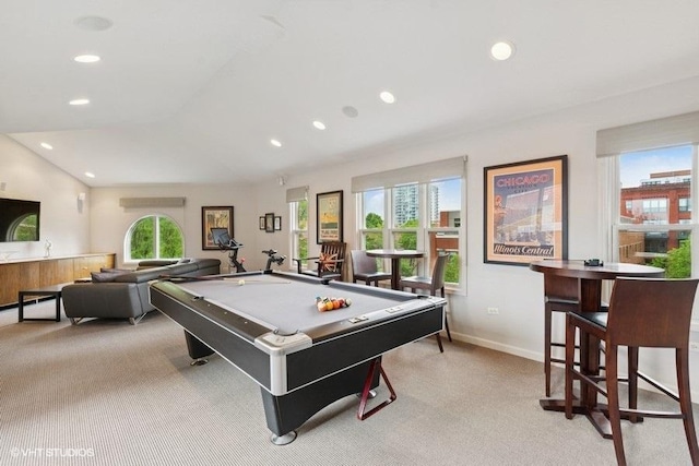 1733 S Prairie Ave, Chicago, IL 60616 - playroom with light carpet, billiards, recessed lighting, baseboards, and vaulted ceiling