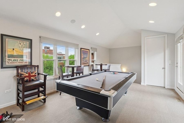 1733 S Prairie Ave, Chicago, IL 60616 - recreation room featuring billiards, light carpet, vaulted ceiling, baseboards, and recessed lighting
