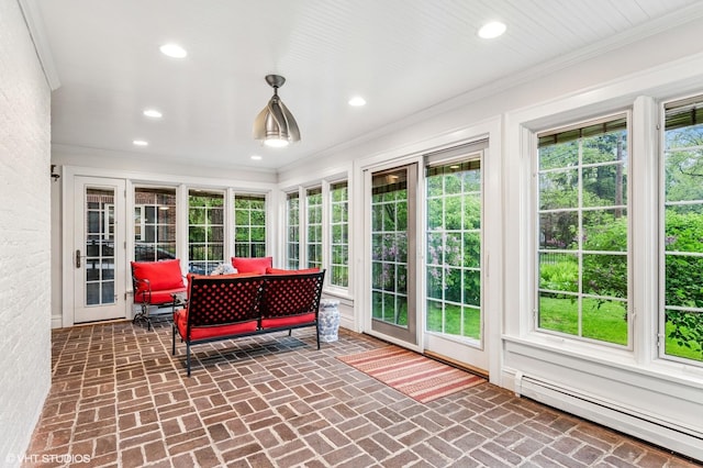 350 Elder Ln, Winnetka, IL 60093 - sunroom / solarium featuring baseboard heating, brick floors, recessed lighting, and ornamental molding