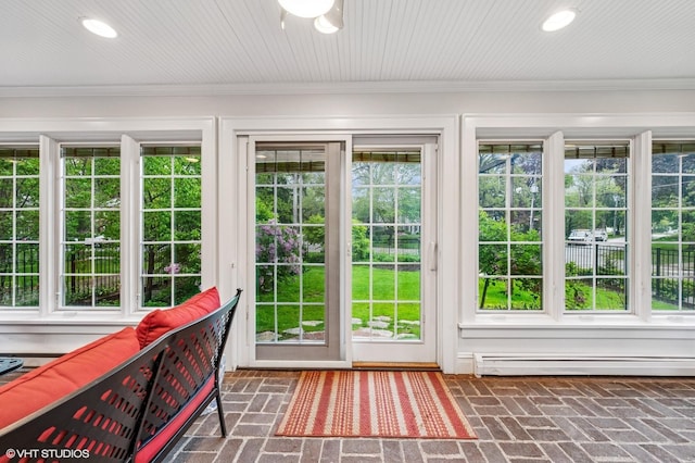 350 Elder Ln, Winnetka, IL 60093 - entryway with brick floors, a baseboard heating unit, crown molding, and recessed lighting