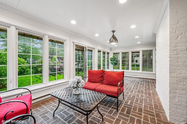350 Elder Ln, Winnetka, IL 60093 - sunroom with crown molding, recessed lighting, brick floors, healthy amount of natural light, and baseboard heating